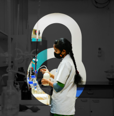 A researcher against the backdrop of the  OA lock logo