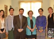 Beyond Access team members from the Asia Foundation, Myanmar Book Centre, IREX and EIFL visit with Nobel Peace Prize laureate and Myanmar MP Aung San Suu Kyi. 