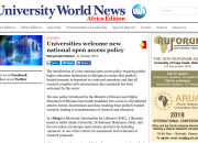 Screen shot of Universities World News featuring the article titled Universities welcome new national open access policy.