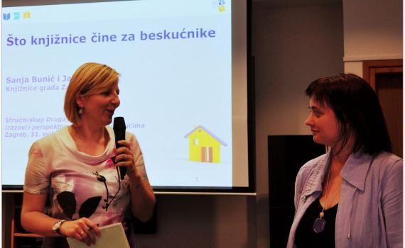 Ms Janja Maras, left, communication manager at Zagreb City Libraries, with Ms Sanja Bunic, who manages the library's service for the homeless, at the conference.