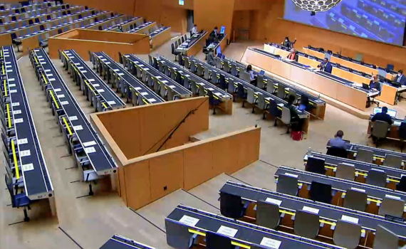 Scene from nearly empty hall during SCCR/40 in 2020 which took place in hybrid mode, with only Geneva-based delegates present, and everyone else participating remotely because of COVID-19.