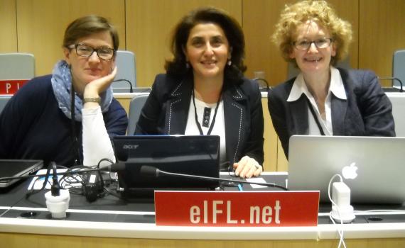 The EIFL team at SCCR/29: Barbara Szczepanska from Poland, Hasmik Galystan from Armenia, Teresa Hackett, EIFL Copyright and Libraries Programme Manager. 